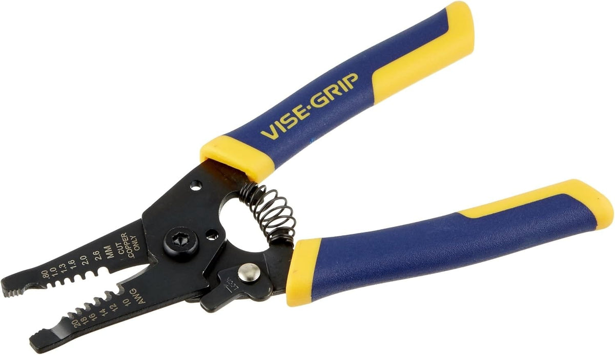 Angled studio shot of the Irwin Vise-Grip adjustable wire stripper and cutter plier, showing the side profile, thumb lock mechanism, and thick blue and yellow cushion grip handles
