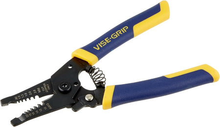 Angled studio shot of the Irwin Vise-Grip adjustable wire stripper and cutter plier, showing the side profile, thumb lock mechanism, and thick blue and yellow cushion grip handles