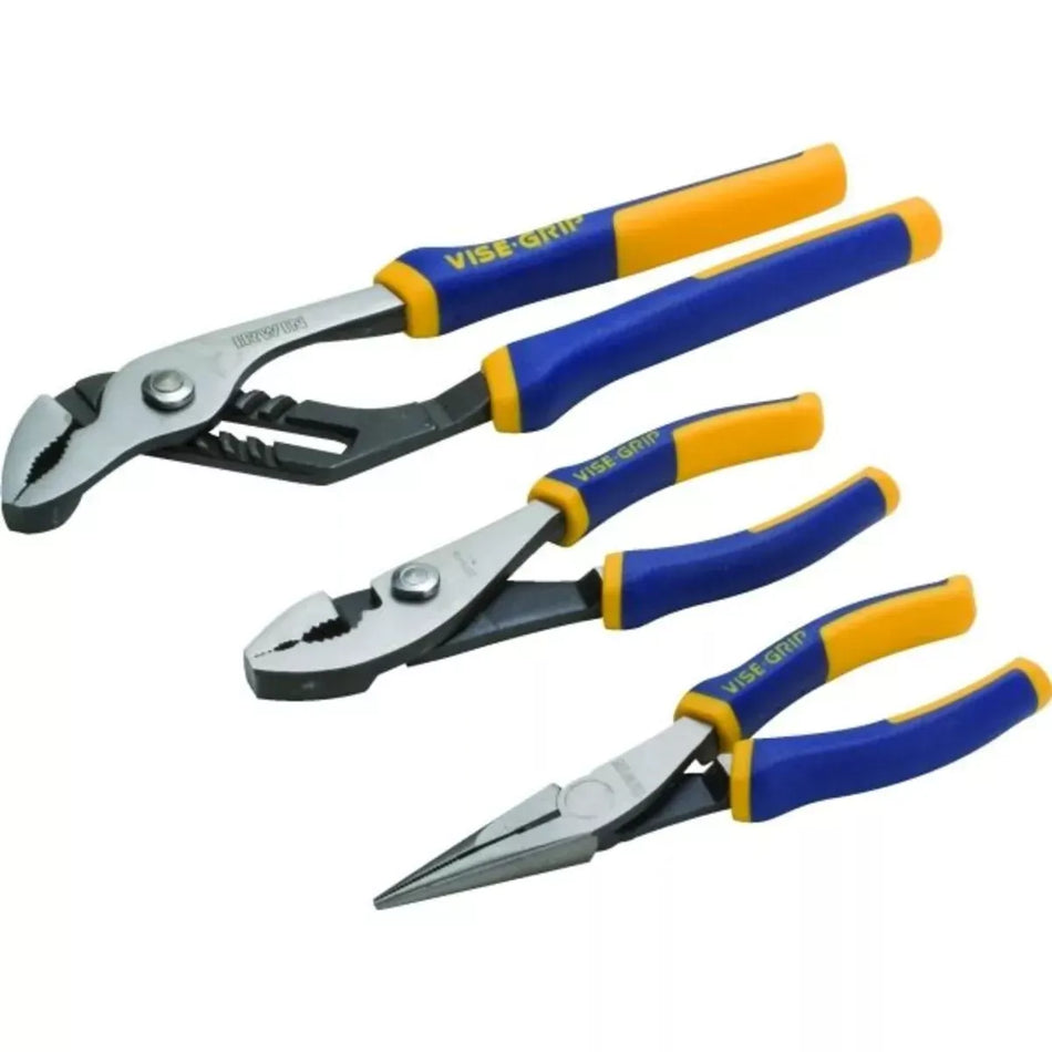  The image shows a 3-piece set of Irwin Vise-Grip pliers. You can see three distinct types of pliers, each with the characteristic blue and yellow Vise-Grip handles:

Top: Groove Joint Pliers (also known as water pump pliers)
Middle: Slip Joint Pliers
Bottom: Long Nose Pliers
The handles clearly display the "VISE-GRIP" branding. Based on the appearance and the typical offerings from Irwin Vise-Grip, this is likely the Irwin Vise-Grip 3-Piece Pro Pliers Set.


