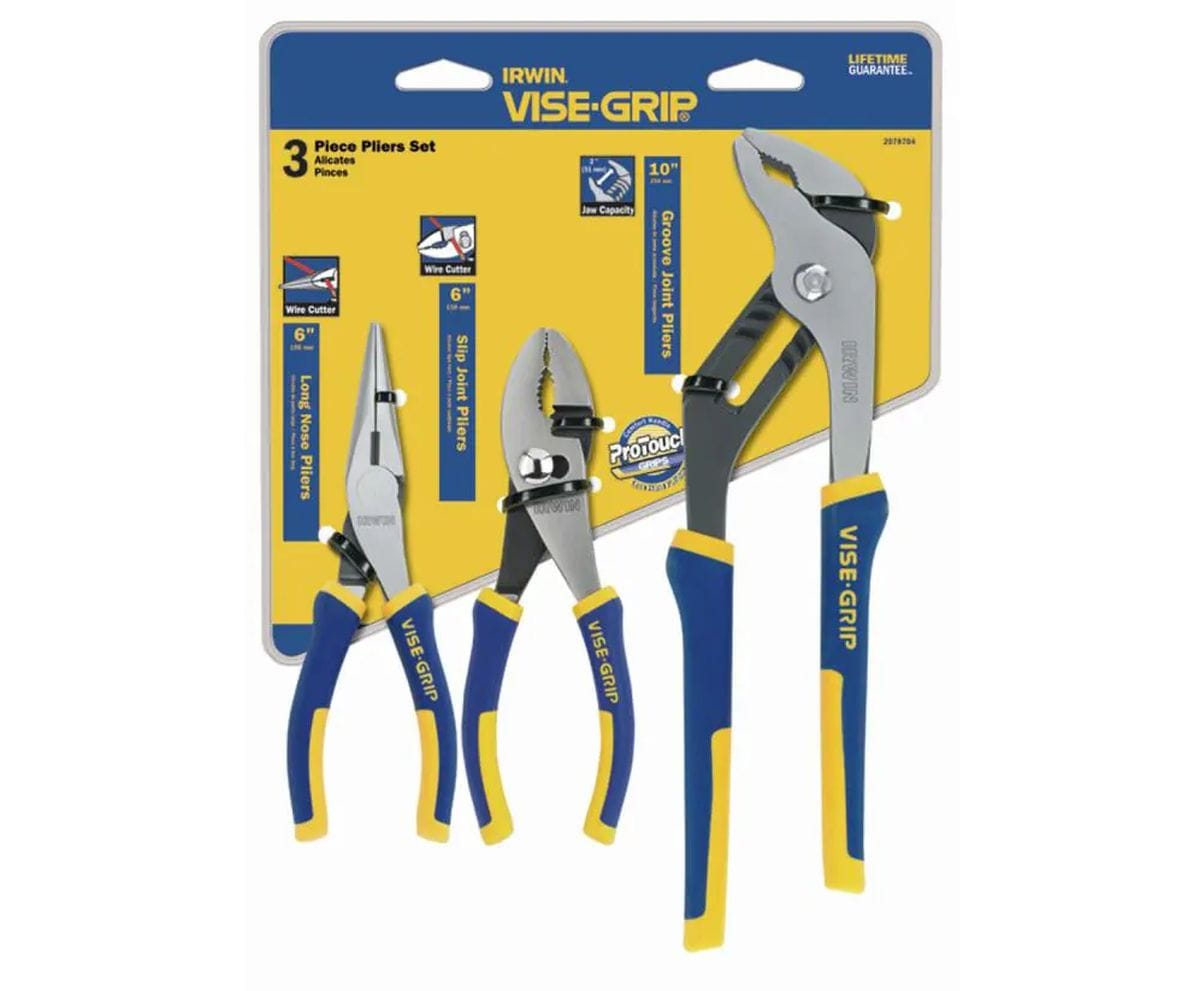 The Irwin VISE-GRIP 2078704 3-piece pliers set in its original retail carded packaging. The kit includes 6-inch long nose pliers, 6-inch slip joint pliers, and 10-inch groove joint pliers, each featuring blue and yellow ProTouch grips and nickel chromium steel construction for professional home repair and industrial maintenance.
