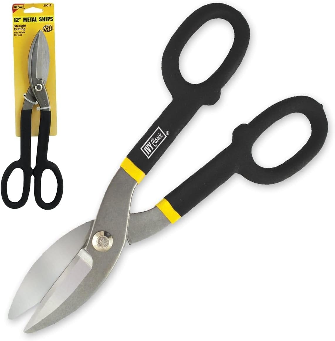 Studio view of the Ivy Classic 12-inch straight pattern metal snips featuring silver drop-forged blades and black cushion grip handles with yellow bands, displayed alongside its yellow retail packaging card.