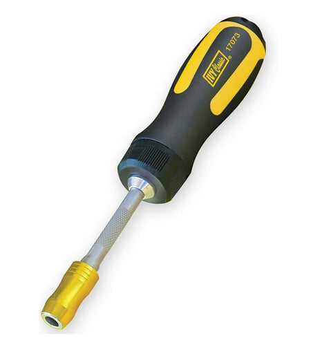Angled studio view of the Ivy Classic ratcheting screwdriver featuring a black and yellow Power Pro Grip, knurled stainless steel shaft, and a gold magnetic bit holder tip.
