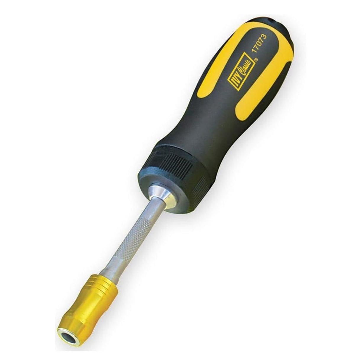 Angled studio view of the Ivy Classic ratcheting screwdriver featuring a black and yellow Power Pro Grip, knurled stainless steel shaft, and a gold magnetic bit holder tip.