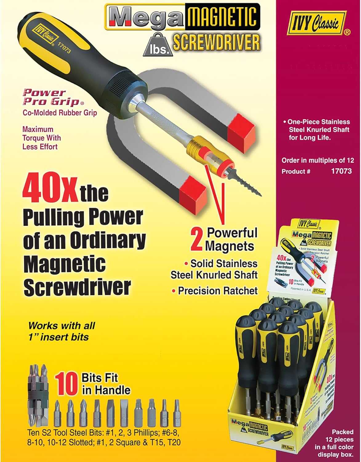 Informational graphic of the product packaging highlighting the dual magnet system, 40 times pulling power, on-board bit storage, and stainless steel construction.