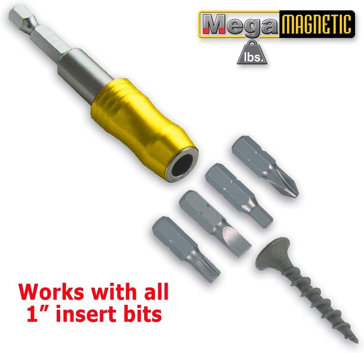 Close-up view of the gold magnetic tip holder positioned next to four interchangeable steel bits and a screw to demonstrate compatibility with standard 1-inch inserts.