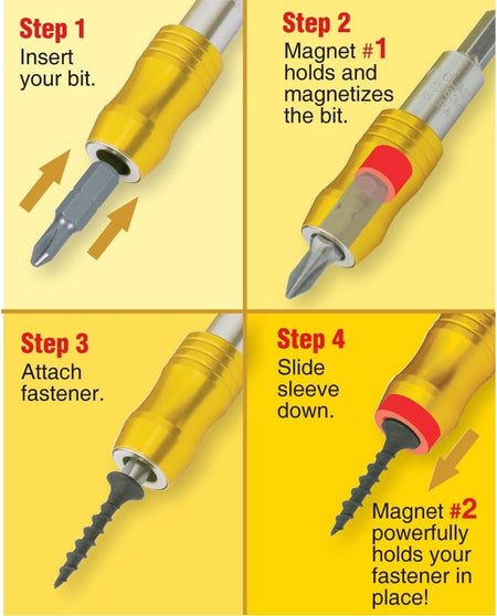 Step-by-step instructional illustration showing how to insert the bit, attach a fastener, and slide the gold sleeve forward to lock the screw in place using the secondary magnet.