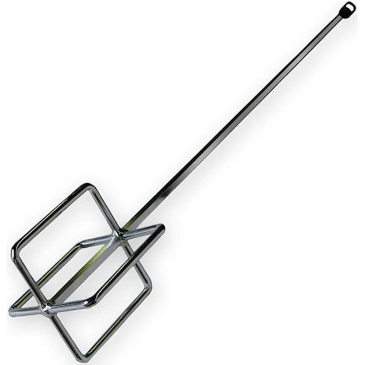 Studio view of the Ivy Classic 30 inch mud eggbeater mixer featuring a zinc-plated steel shaft and a 5 inch rectangular open-cage mixing head.