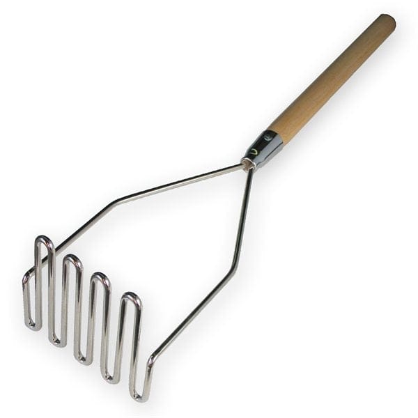 Studio view of the Ivy Classic drywall mud masher featuring a wavy plated steel mixing head attached to a smooth hardwood handle with a steel ferrule.
