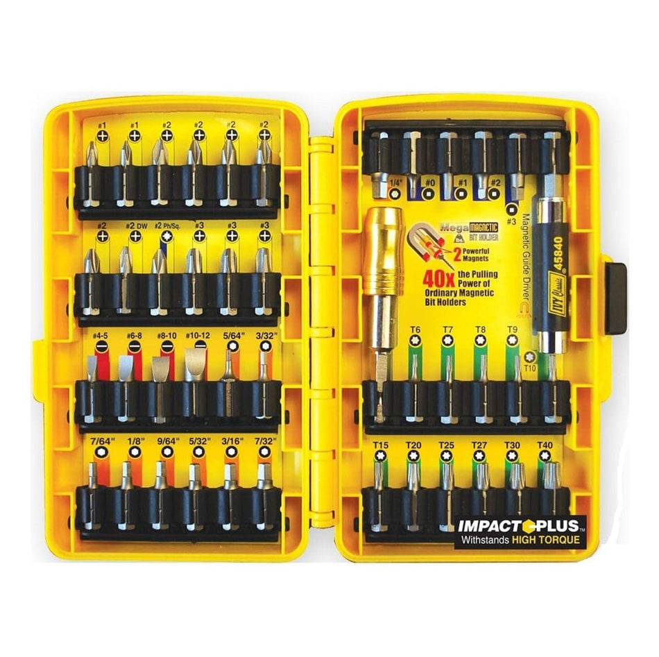 Studio view of the open Ivy Classic 46000 bit set case, revealing a yellow interior with organized rows of S2 steel bits on the left and right, along with the gold MegaMagnetic bit holder and magnetic screw guide driver.