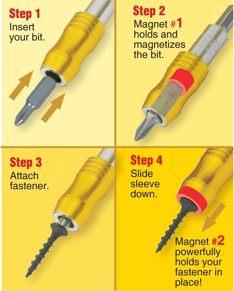Four-step diagram demonstrating the MegaMagnetic holder operation: inserting the bit, magnetizing the bit, attaching the fastener, and sliding the sleeve down to engage the second powerful magnet.