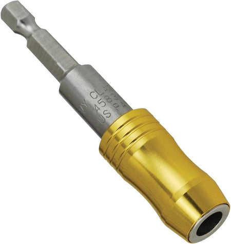 Close-up view of the Ivy Classic MegaMagnetic bit holder featuring a silver stainless steel body and a gold-colored magnetic sleeve designed to hold fasteners securely.