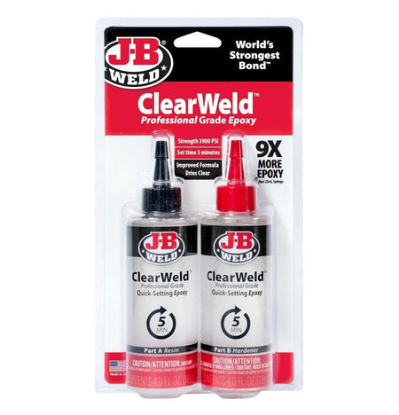 Front view of the J-B Weld ClearWeld Professional blister packaging containing two 4-ounce bottles and listing features like 3900 PSI strength and 5-minute set time.
