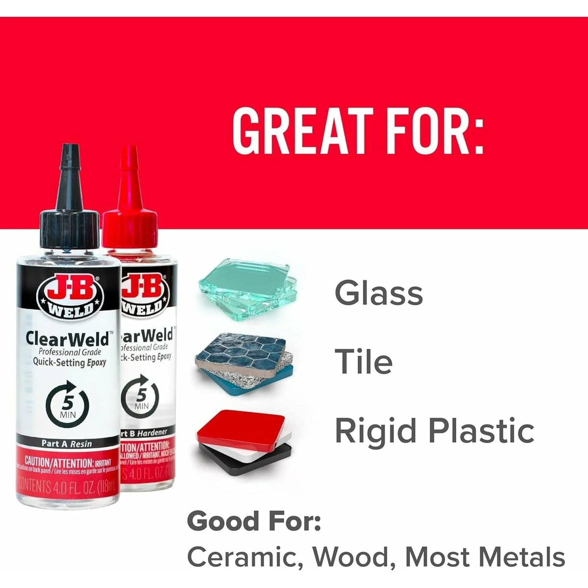 Infographic listing suitable materials for repair including glass, tile, rigid plastic, ceramic, wood, and most metals.