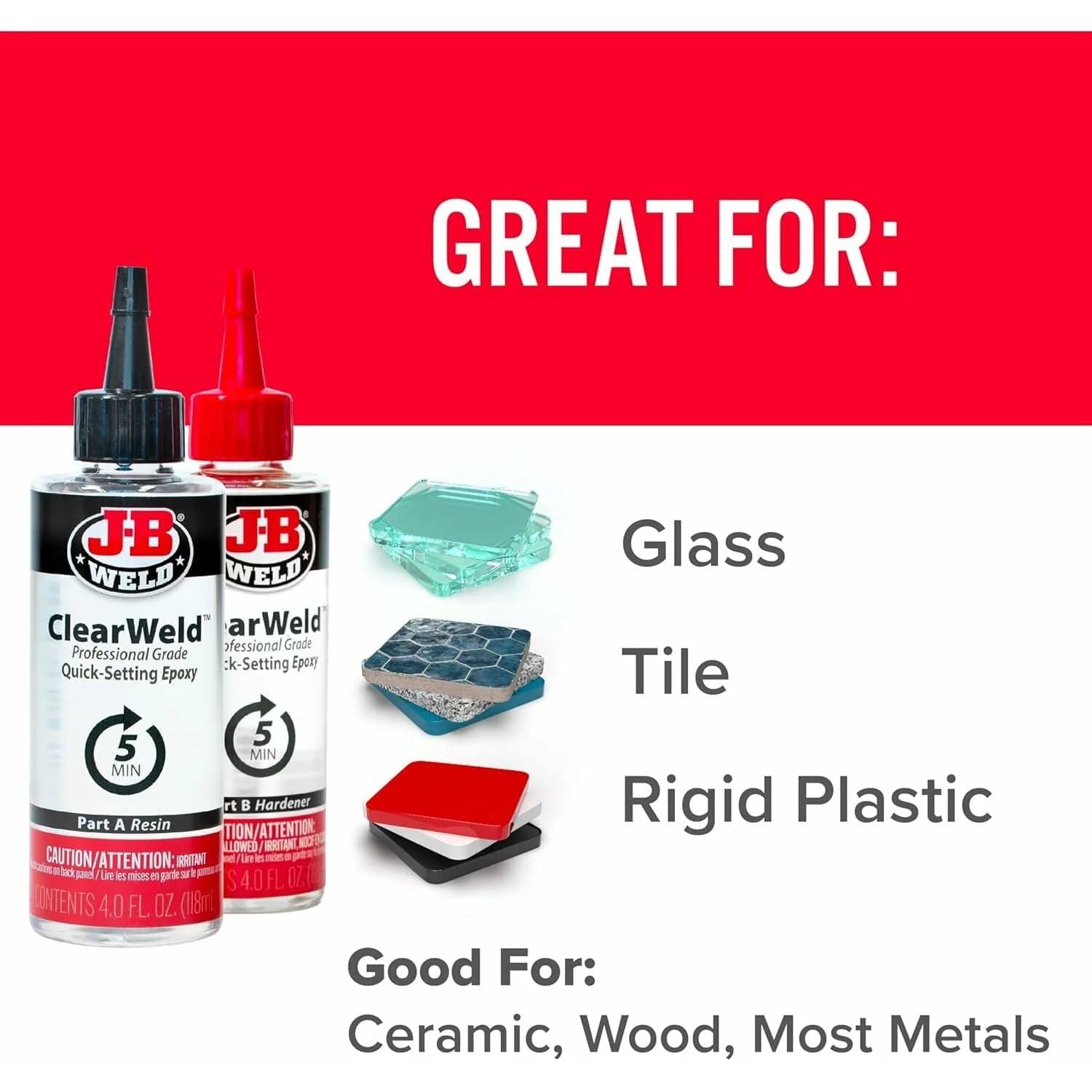 Infographic listing suitable materials for repair including glass, tile, rigid plastic, ceramic, wood, and most metals.