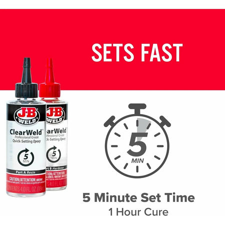 Infographic featuring the ClearWeld bottles and a stopwatch icon highlighting the 5-minute set time and 1-hour cure time.