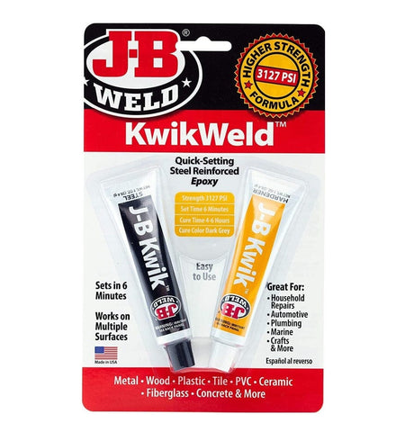 Front view of the J-B Weld KwikWeld blister packaging containing two tubes and listing features like 3127 PSI strength and 6 minute set time.