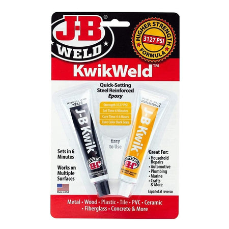 Front view of the J-B Weld KwikWeld blister packaging containing two tubes and listing features like 3127 PSI strength and 6 minute set time.