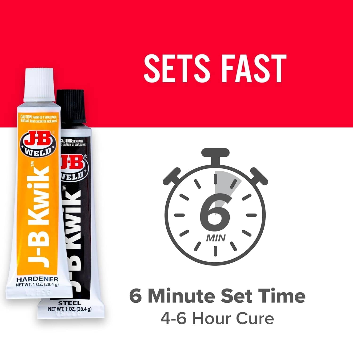 Infographic featuring the KwikWeld tubes and a stopwatch icon highlighting the 6 minute set time and 4 to 6 hour cure time.