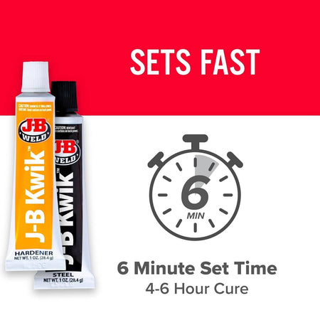 Infographic featuring the KwikWeld tubes and a stopwatch icon highlighting the 6 minute set time and 4 to 6 hour cure time.