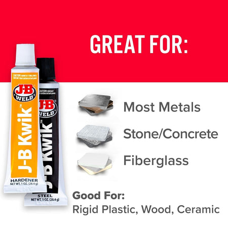 Infographic listing suitable materials for repair including metals, stone, concrete, fiberglass, plastic, wood, and ceramic.
