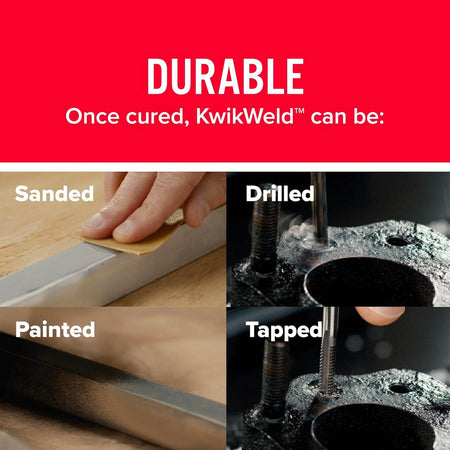 Infographic showing four close-up photos demonstrating that the cured epoxy can be sanded, drilled, painted, and tapped.