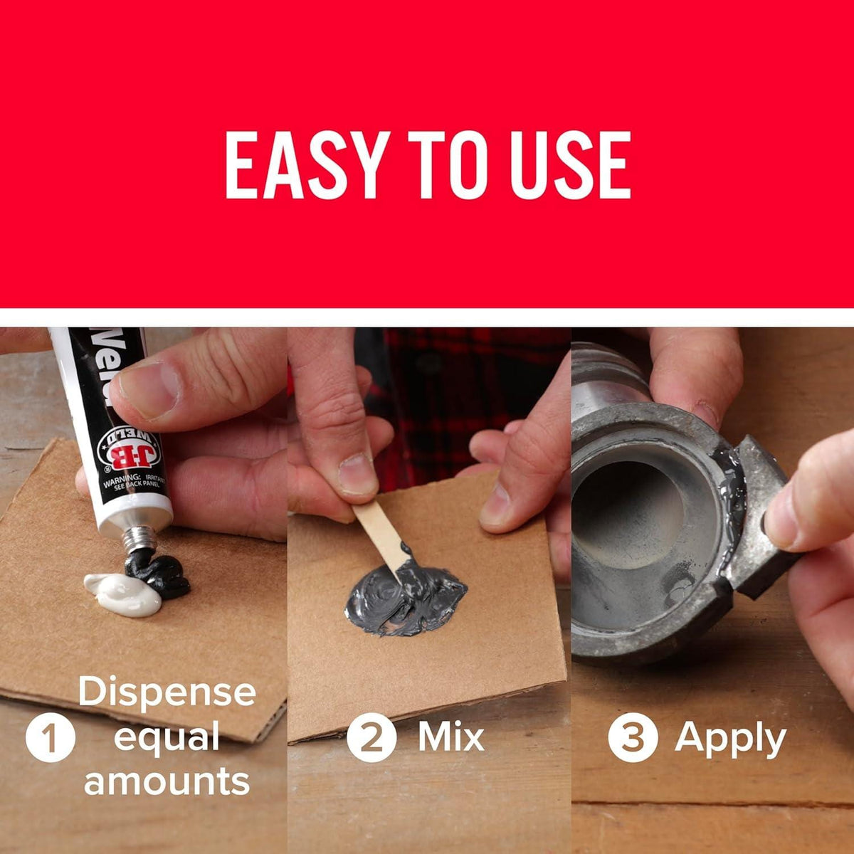 Step-by-step visual guide titled Easy To Use showing three steps: dispense equal amounts, mix, and apply.