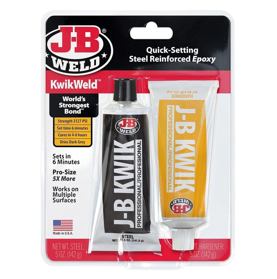 Front view of the J-B Weld KwikWeld Professional blister packaging containing two 5 ounce tubes and listing features like 3127 PSI strength and 6 minute set time.