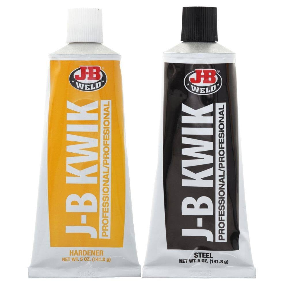 Studio view of the two 5 ounce squeeze tubes included in the kit, one yellow hardener tube and one black steel resin tube.