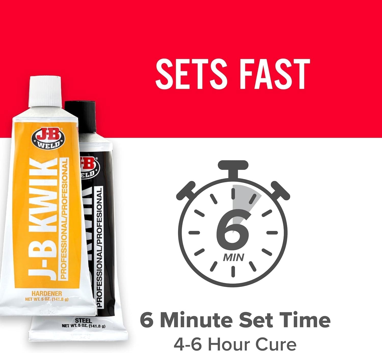 Infographic featuring the KwikWeld Professional tubes and a stopwatch icon highlighting the 6 minute set time and 4 to 6 hour cure time.