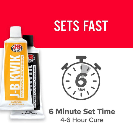 Infographic featuring the KwikWeld Professional tubes and a stopwatch icon highlighting the 6 minute set time and 4 to 6 hour cure time.