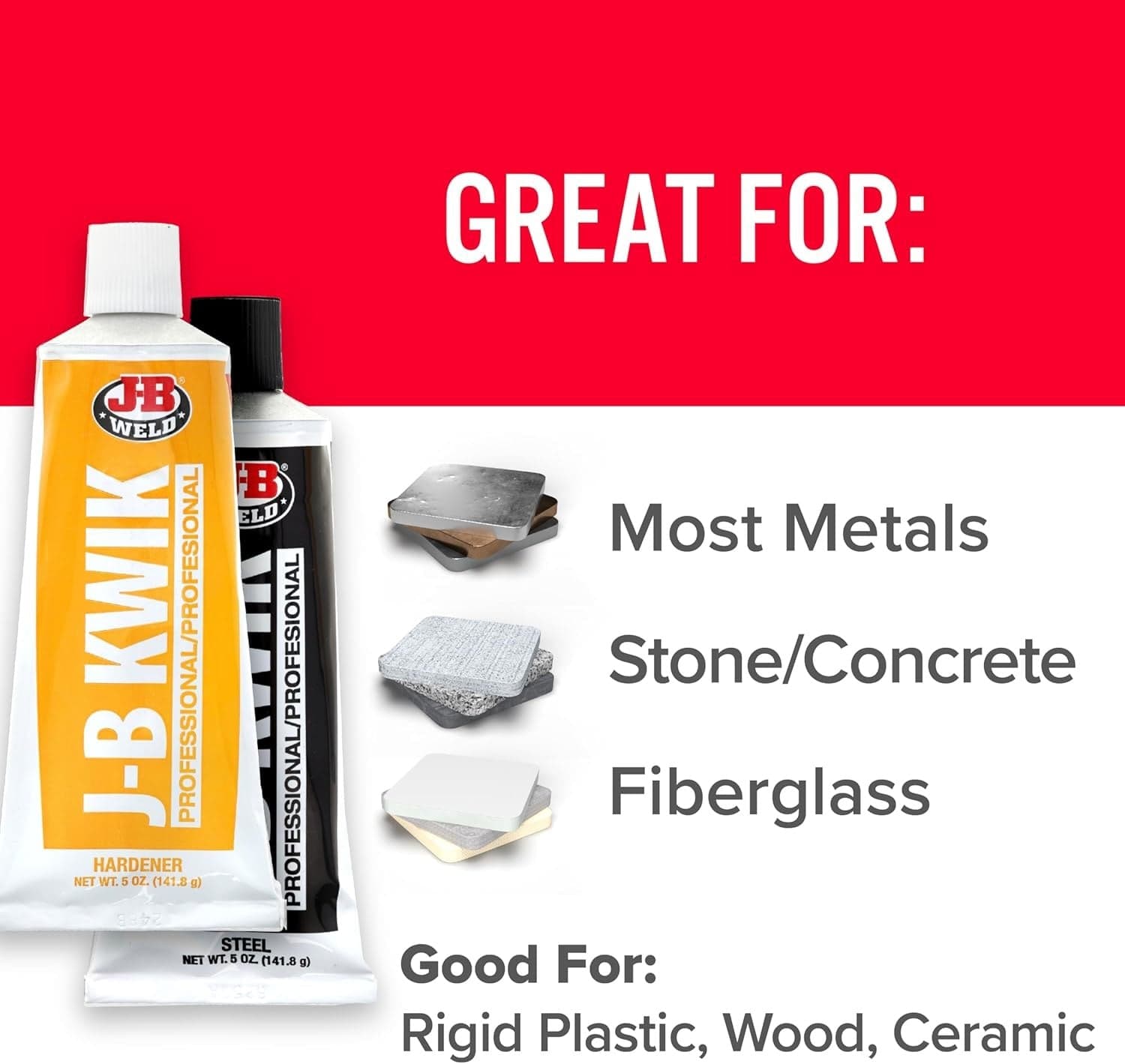 Infographic listing suitable materials for repair including metals, stone, concrete, fiberglass, plastic, wood, and ceramic.