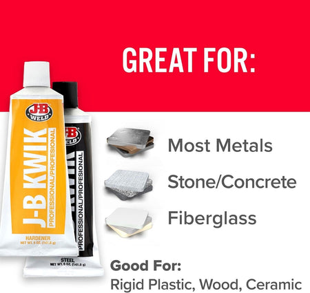 Infographic listing suitable materials for repair including metals, stone, concrete, fiberglass, plastic, wood, and ceramic.