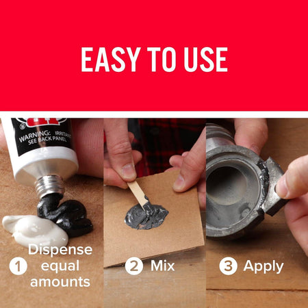 Step-by-step visual guide titled Easy To Use showing three steps: dispense equal amounts, mix, and apply.