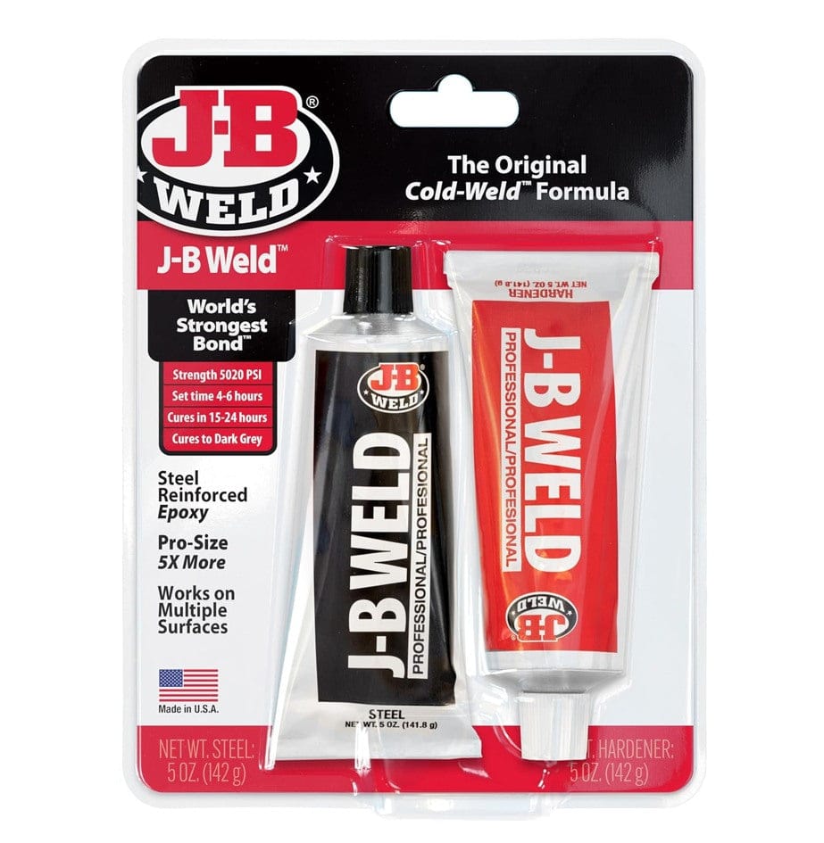 Front view of the J-B Weld Professional blister packaging containing two 5 ounce tubes and listing features like 5020 PSI strength and 4 to 6 hour set time.