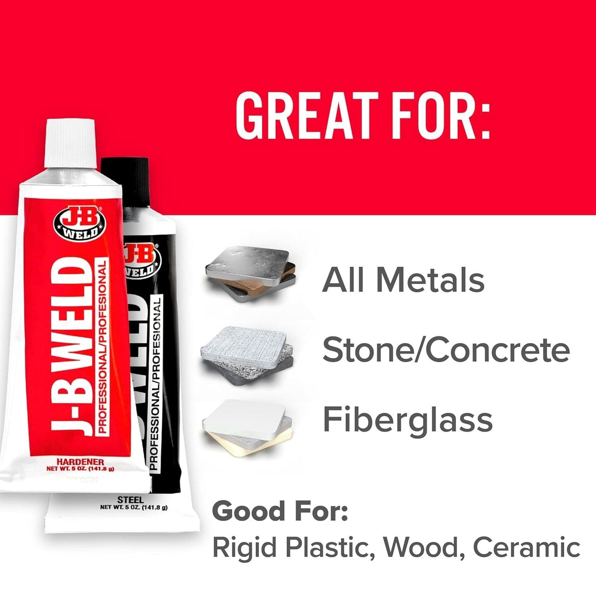 Infographic listing suitable materials for repair including all metals, stone, concrete, fiberglass, rigid plastic, wood, and ceramic.