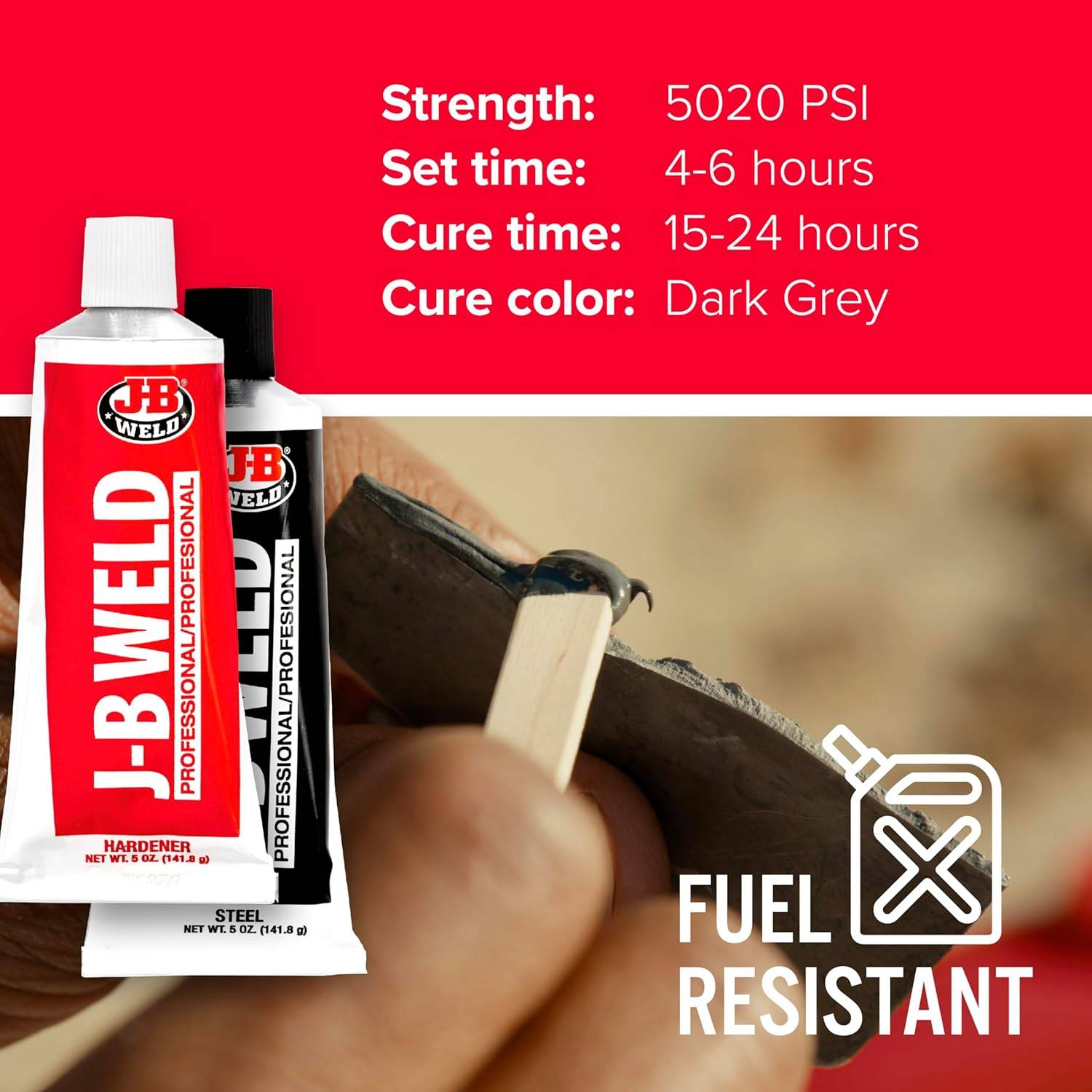 Infographic detailing the technical specifications including set time, cure time, and fuel resistance while showing a close-up of application.