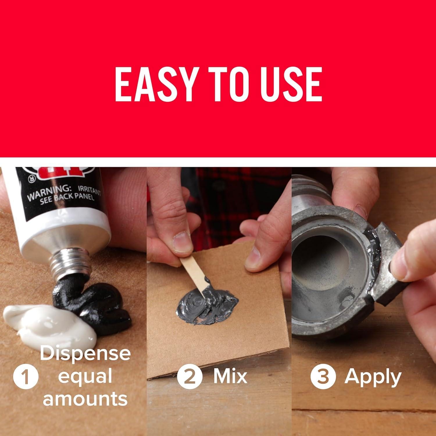 Step-by-step visual guide titled Easy To Use showing three steps: dispense equal amounts, mix, and apply.