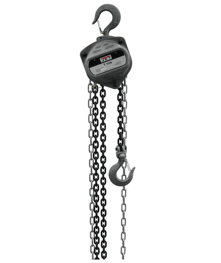 Full view of the JET S90 Series 1-Ton hand chain hoist with the 10-foot lift chain extending down from the block, ready for manual lifting operations.