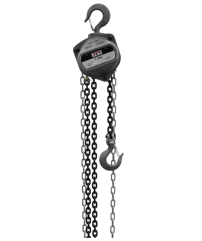 Full view of the JET S90 Series 1-Ton hand chain hoist with the 10-foot lift chain extending down from the block, ready for manual lifting operations.