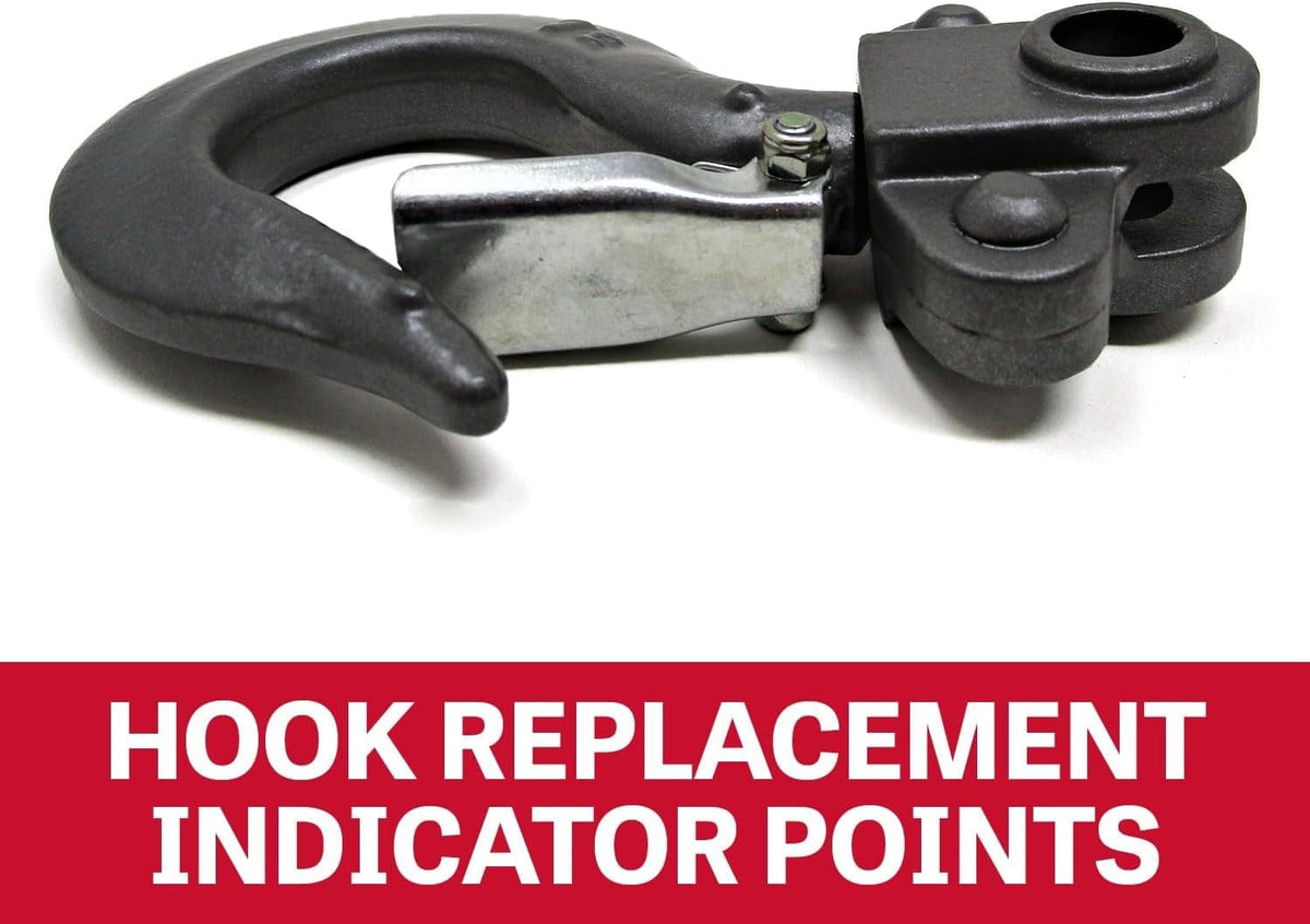 Close-up of the hoist hook assembly, highlighting the safety latch and the replacement indicator points for checking wear and potential overloads.
