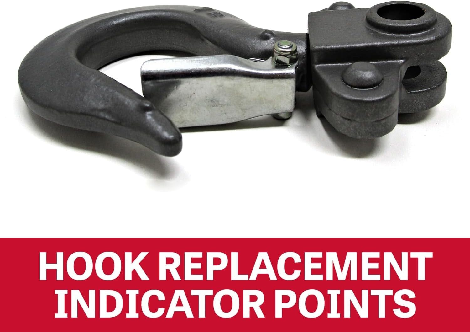 Close-up of the hoist hook assembly, highlighting the safety latch and the replacement indicator points for checking wear and potential overloads.