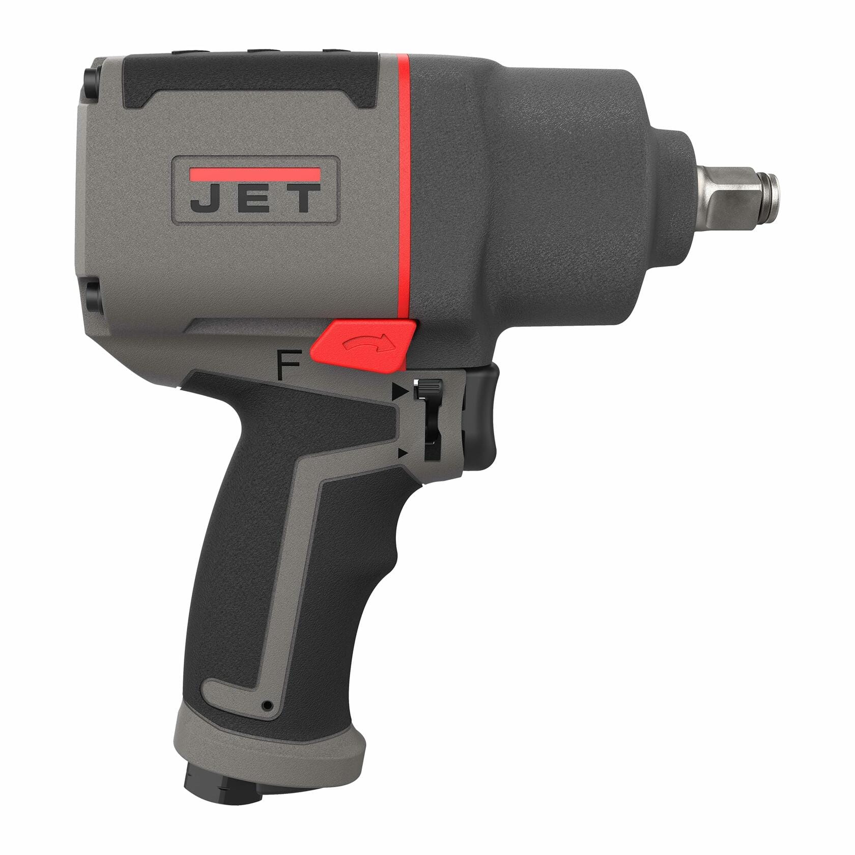 Product shot of the gray and black JET JAT-126 1/2-inch composite impact wrench, showing the tool's compact size and ergonomic handle design.