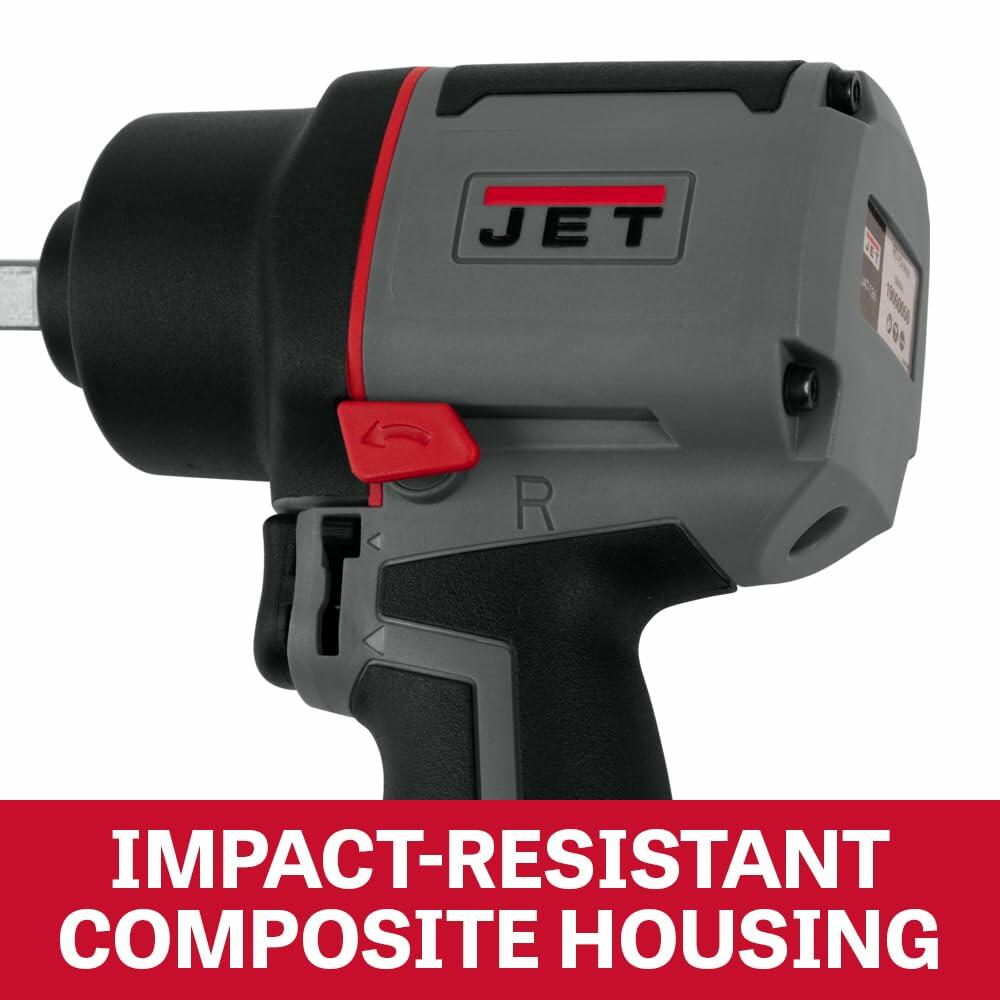 Close-up of the front of the impact wrench housing, emphasizing the durable IMPACT-RESISTANT COMPOSITE HOUSING in gray and black.