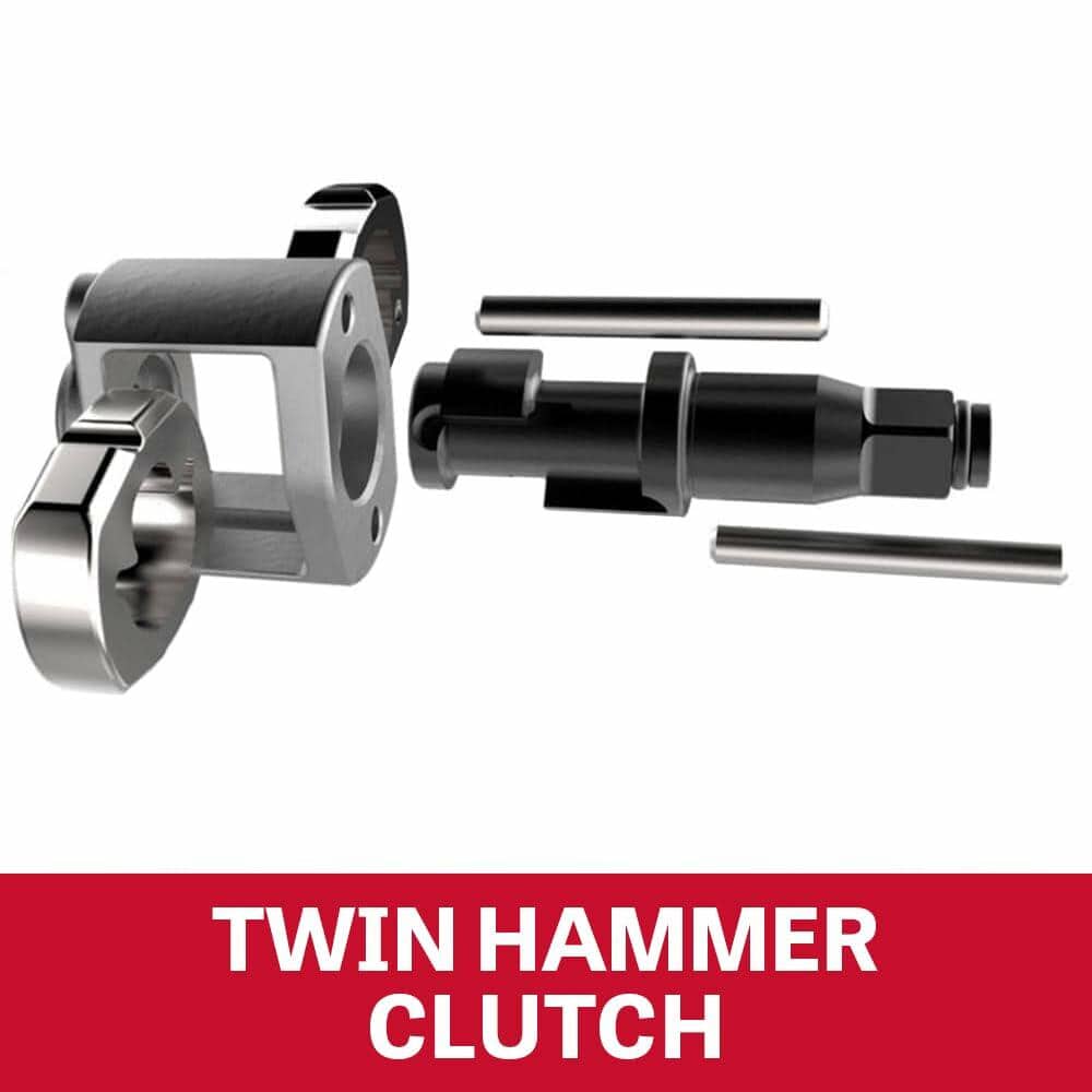 Exploded technical diagram of the internal components, highlighting the TWIN HAMMER CLUTCH mechanism, including the hammer frame and two hammer pins.
