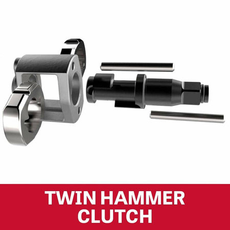 Exploded technical diagram of the internal components, highlighting the TWIN HAMMER CLUTCH mechanism, including the hammer frame and two hammer pins.