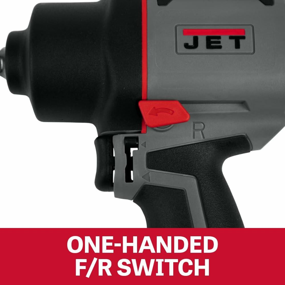 Close-up on the handle and switch area of the impact wrench, highlighting the red arrow indicating the ONE-HANDED F/R SWITCH for forward/reverse operation.