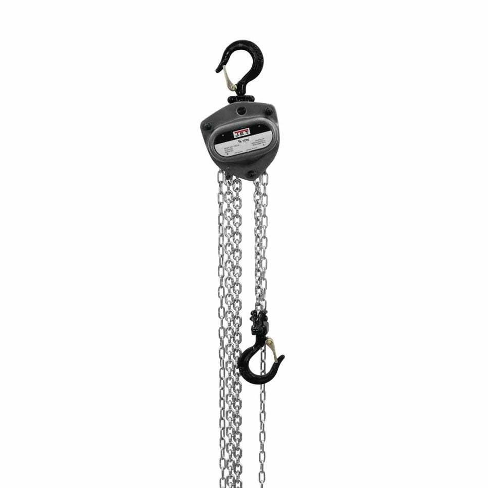 Full vertical view of the JET 1/4-Ton Manual Chain Hoist, showing the top hoist body, hand chain, and load chain with the bottom hook assembly.