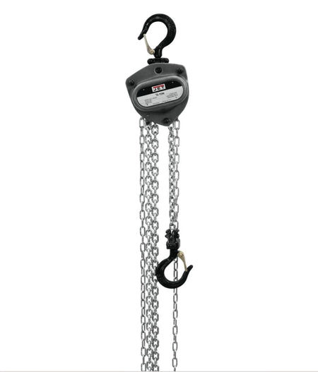 A studio shot of the Jet L100-250WO-10 1/4-ton hand chain hoist, showing its gray metal body, top hook, bottom hook, and the long load and hand chains.