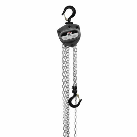 A studio shot of the Jet L100-250WO-10 1/4-ton hand chain hoist, showing its gray metal body, top hook, bottom hook, and the long load and hand chains.