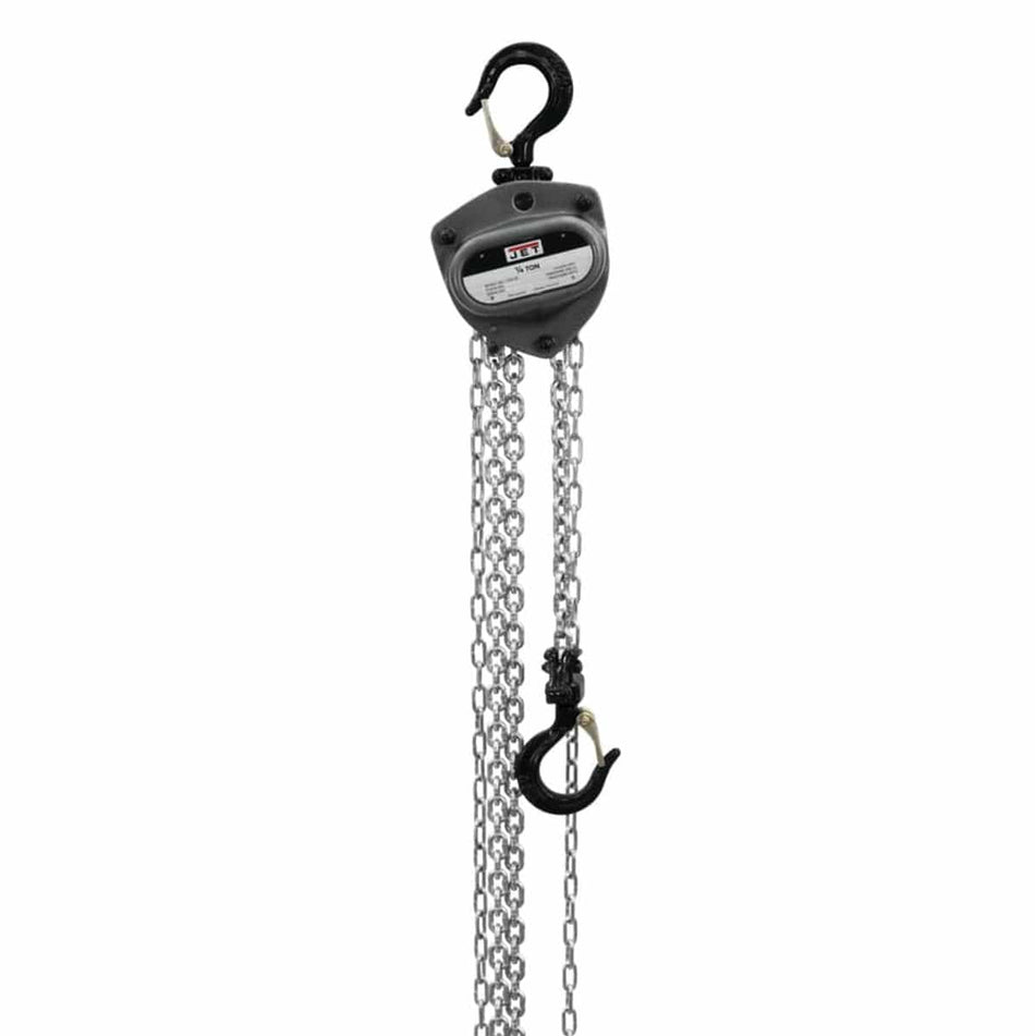 A studio shot of the Jet L100-250WO-10 1/4-ton hand chain hoist, showing its gray metal body, top hook, bottom hook, and the long load and hand chains.